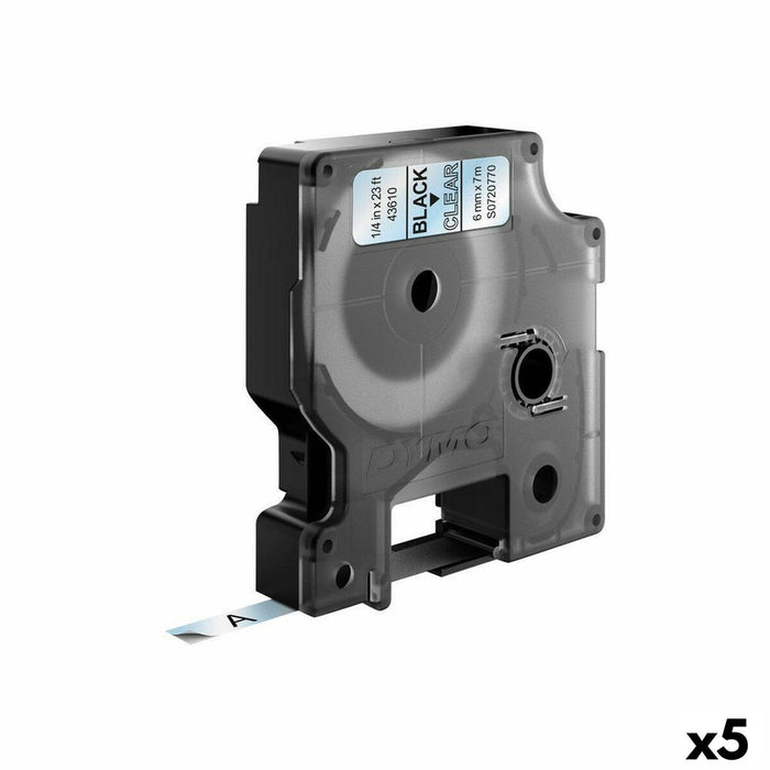 Laminiertes Klebeband zur Kennzeichnung von Maschinen Dymo D1 43610 6 mm LabelManager™ Schwarz Durchsichtig (5 Stück)