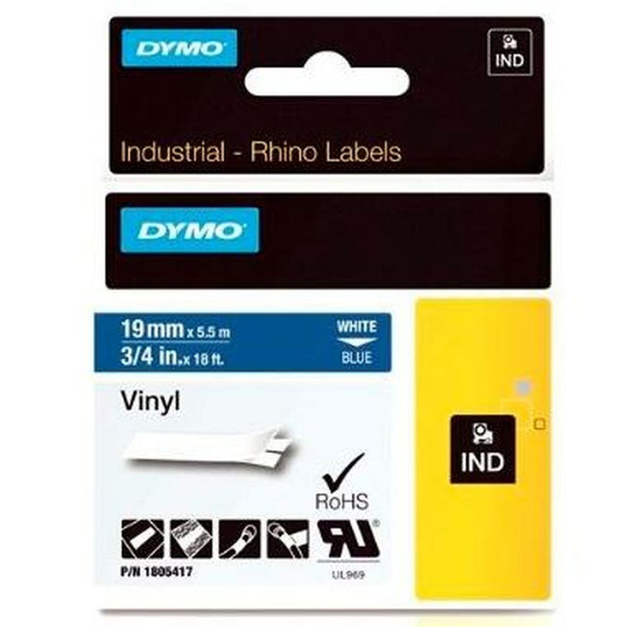 Laminiertes Klebeband zur Kennzeichnung von Maschinen Dymo Rhino 19 mm x 5,5 m Blau Weiß Vinyl (5 Stück)