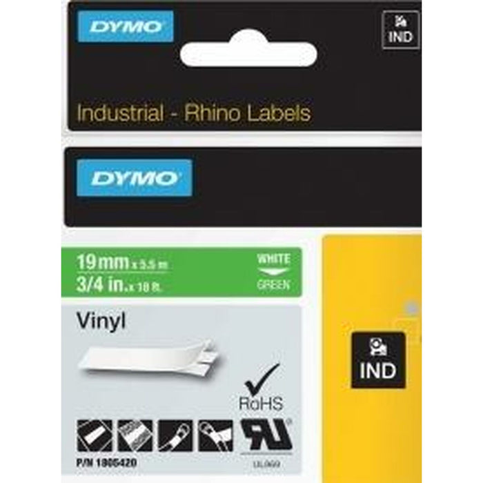 Laminiertes Klebeband zur Kennzeichnung von Maschinen Rhino Dymo ID1-19 19 x 5,5 mm Weiß grün Vinyl Selbstklebend (5 Stück)