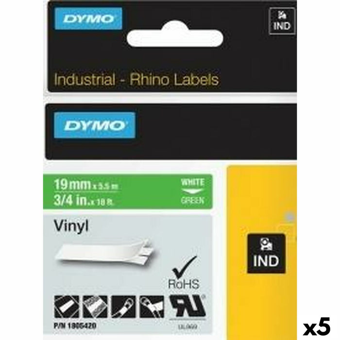 Laminiertes Klebeband zur Kennzeichnung von Maschinen Rhino Dymo ID1-19 19 x 5,5 mm Weiß grün Vinyl Selbstklebend (5 Stück)